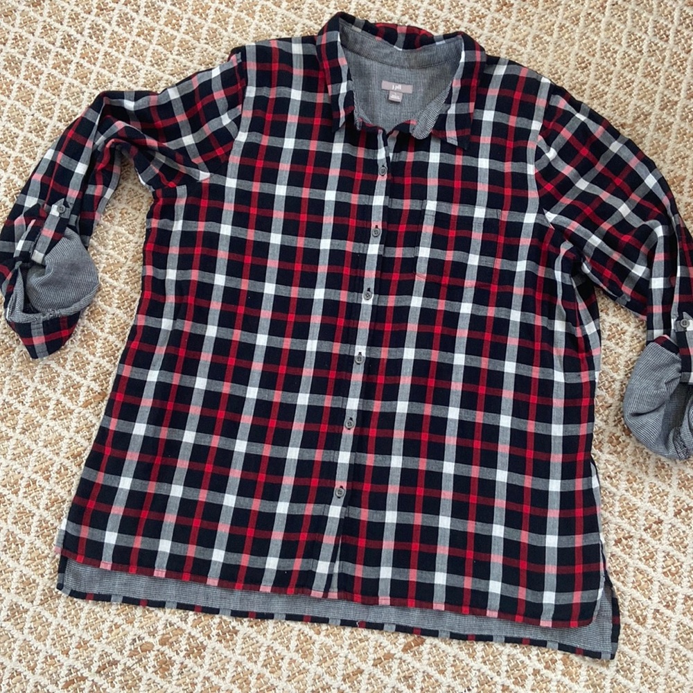 J. Jill Women's Lightweight Button Up Plaid Flannel Black Long Sleeve Large